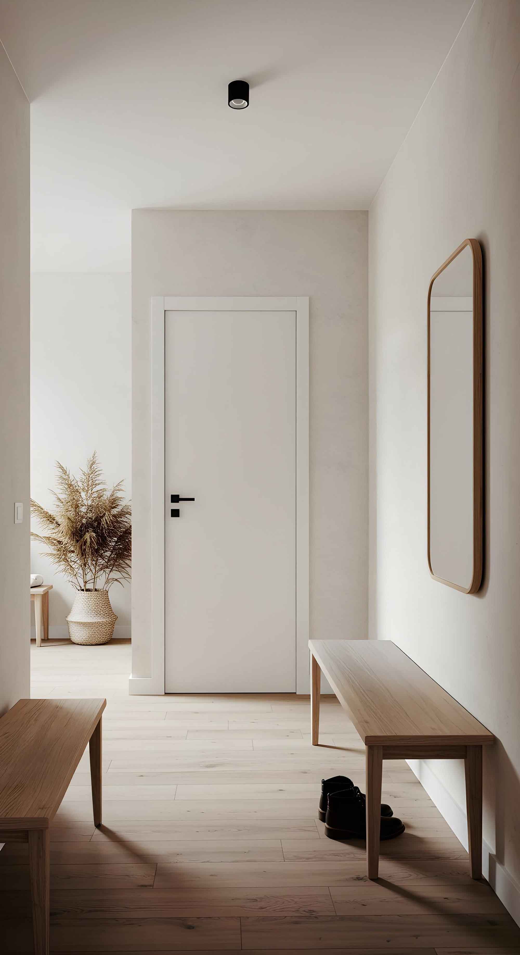 Interior minimalista del pasillo con banco de madera y espejo en Benalmádena